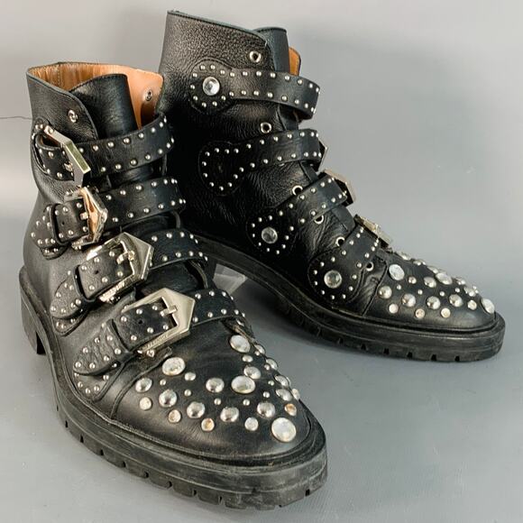 GIVENCHY Size 8 Black Studded Leather Belted Ankle Boots - Picture 1 of 11